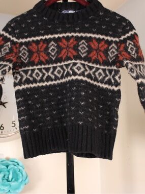 Polo by Ralph Lauren Black Fair Isle Wool Sweater with Rust Accents